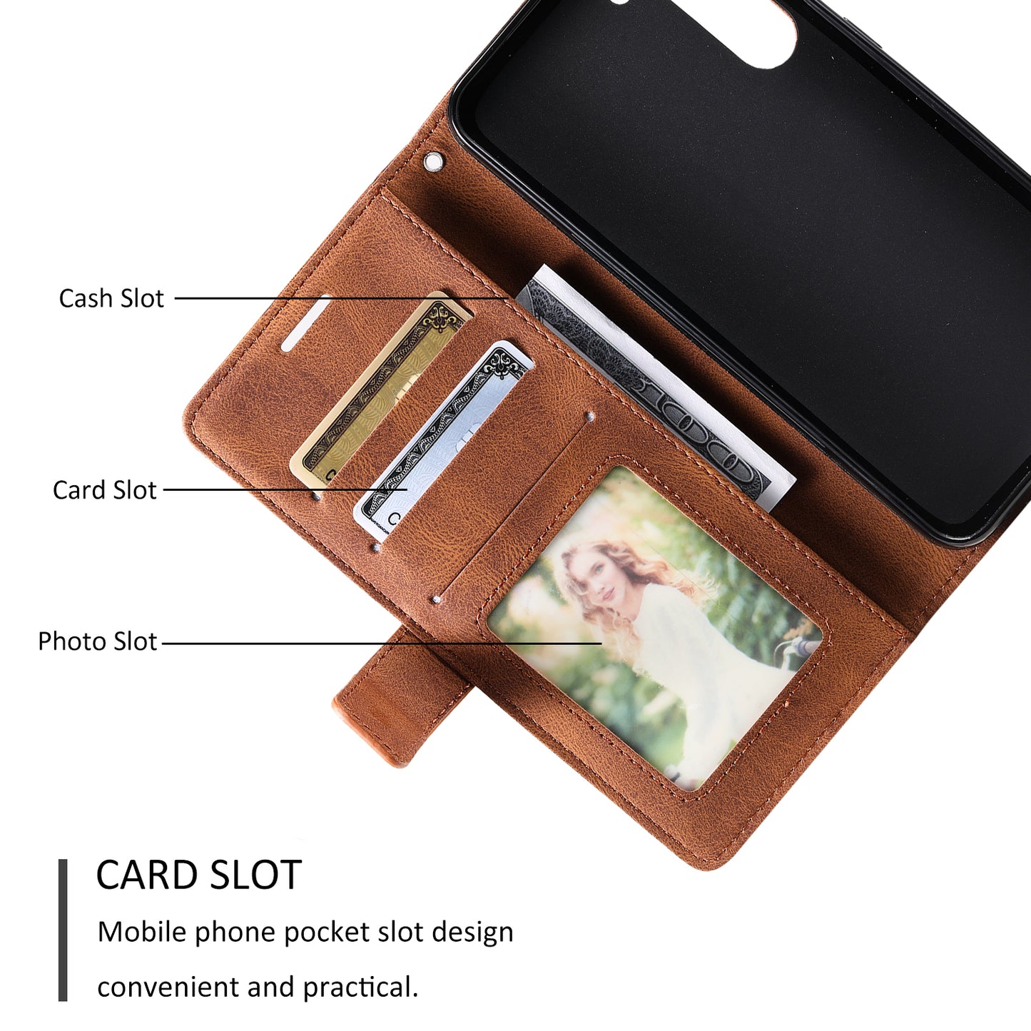 For Samsung Galaxy S23 Case Imprinted Lines Leather Cover with Wallet Stand - Brown