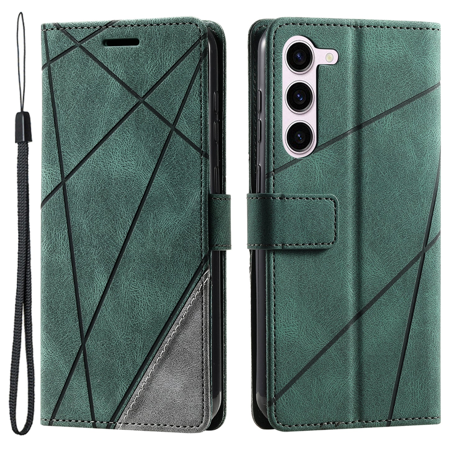 For Samsung Galaxy S23 Case Imprinted Lines Leather Cover with Wallet Stand - Green