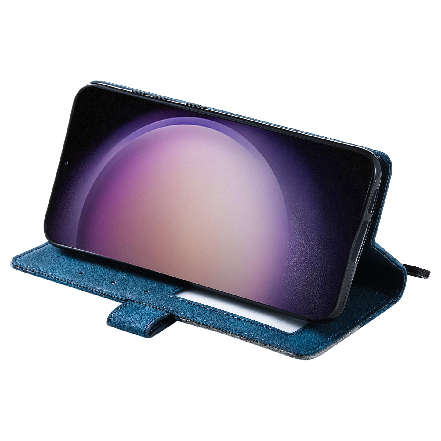 For Samsung Galaxy S23 Case Imprinted Lines Leather Cover with Wallet Stand - Blue