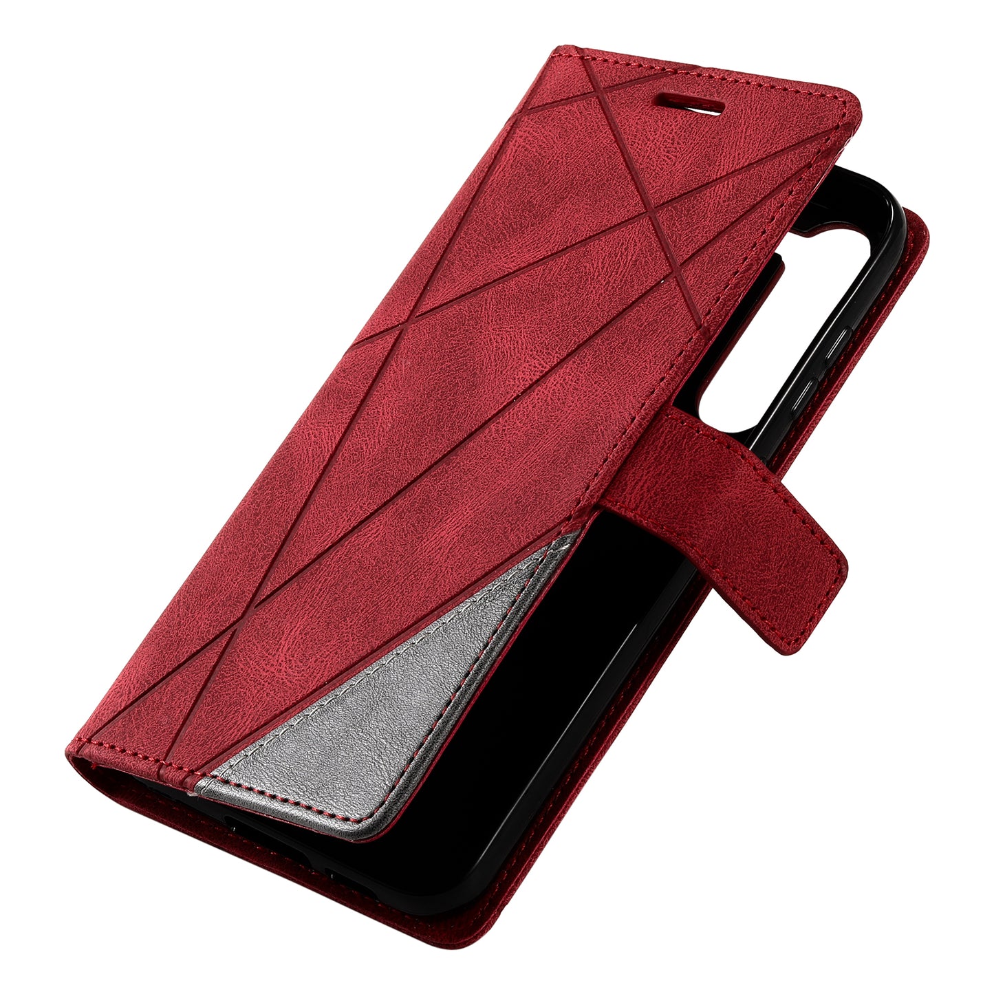 For Samsung Galaxy S23 Case Imprinted Lines Leather Cover with Wallet Stand - Red