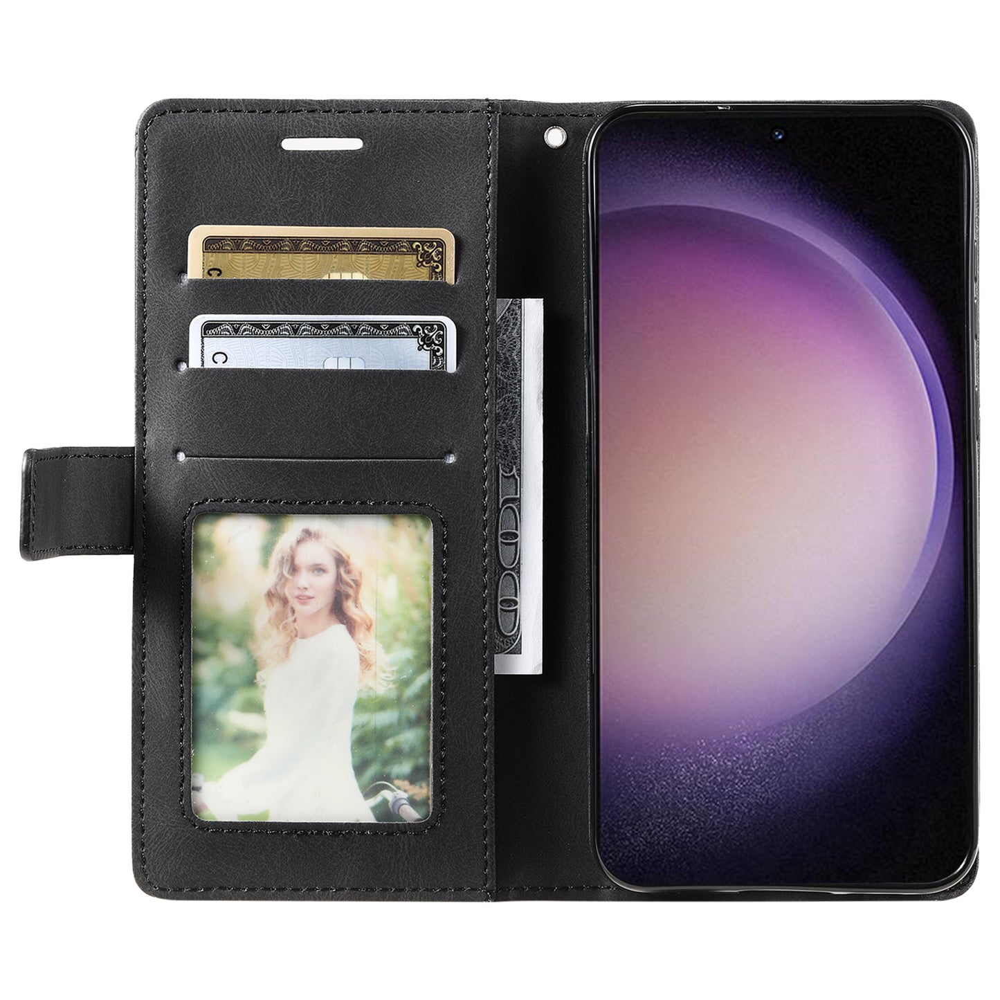 For Samsung Galaxy S23+ Case Phone Wallet Leather Cover Skin-touch Texture - Black