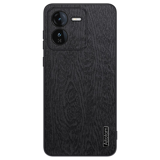 For vivo iQOO Z9 5G Case Wood Texture Leather Coating PC+TPU Bump Proof Phone Shell - Black