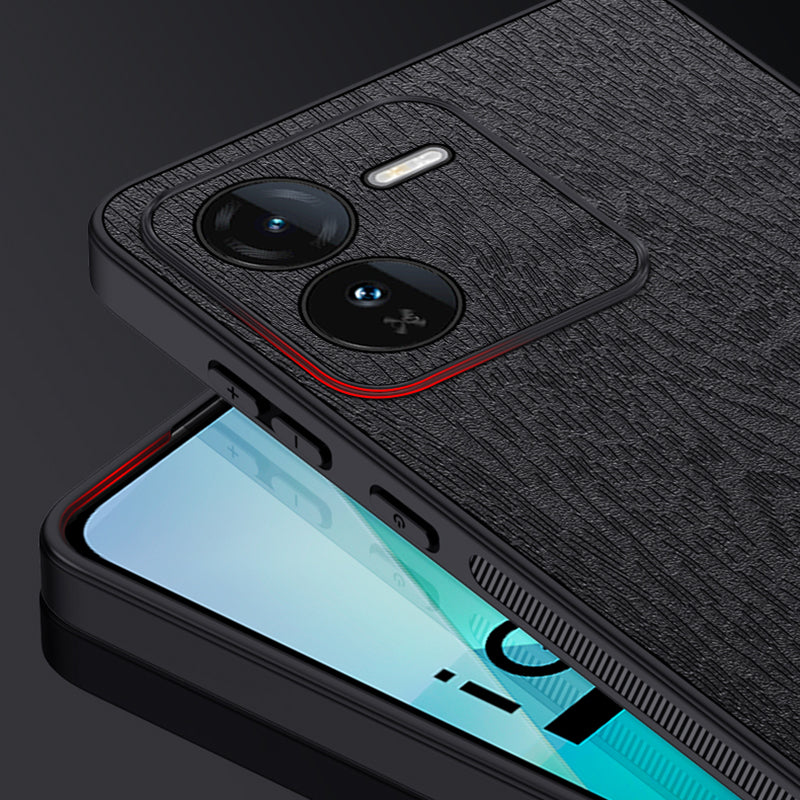 For vivo iQOO Z9 5G Case Wood Texture Leather Coating PC+TPU Bump Proof Phone Shell - Blue