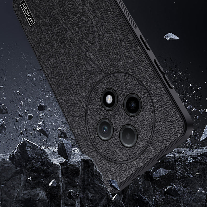 For Oppo A3 Pro 5G Case Wood Texture PU Leather+PC+TPU Anti-drop Phone Cover - Grey