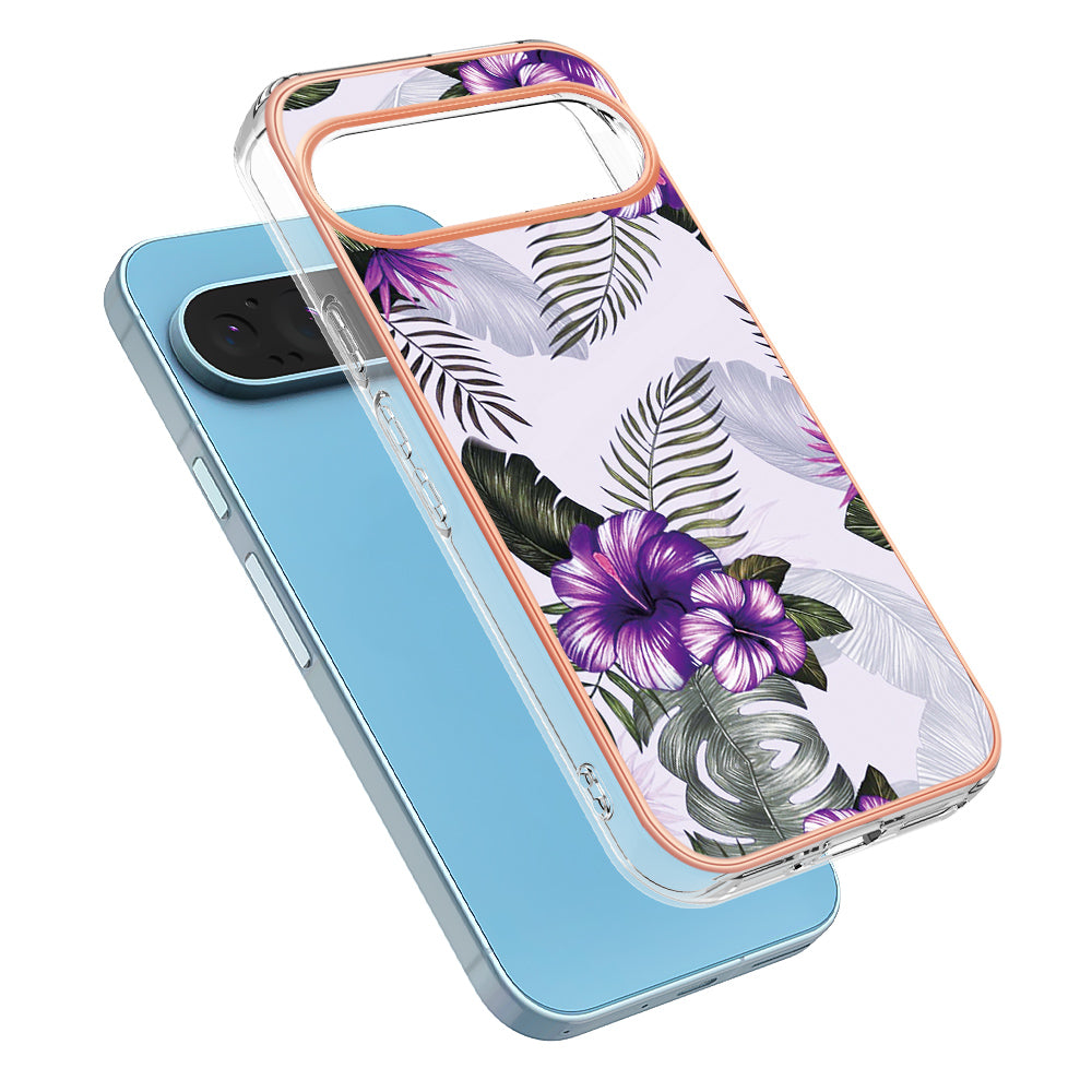 YB IMD Series-1 For Google Pixel 9 Case IMD TPU Phone Cover Electroplating Edge - Purple Flower