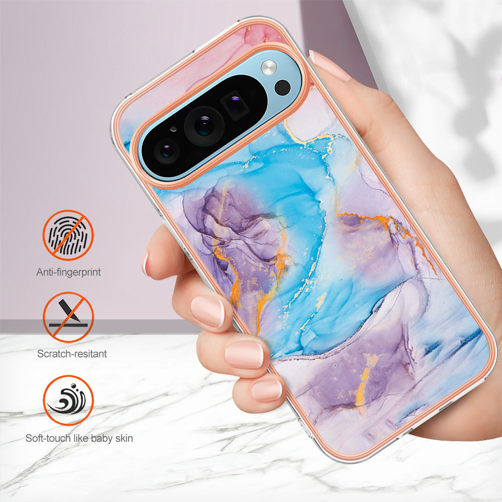 YB IMD Series-1 For Google Pixel 9 Case IMD TPU Phone Cover Electroplating Edge - Milky Way Marble Blue