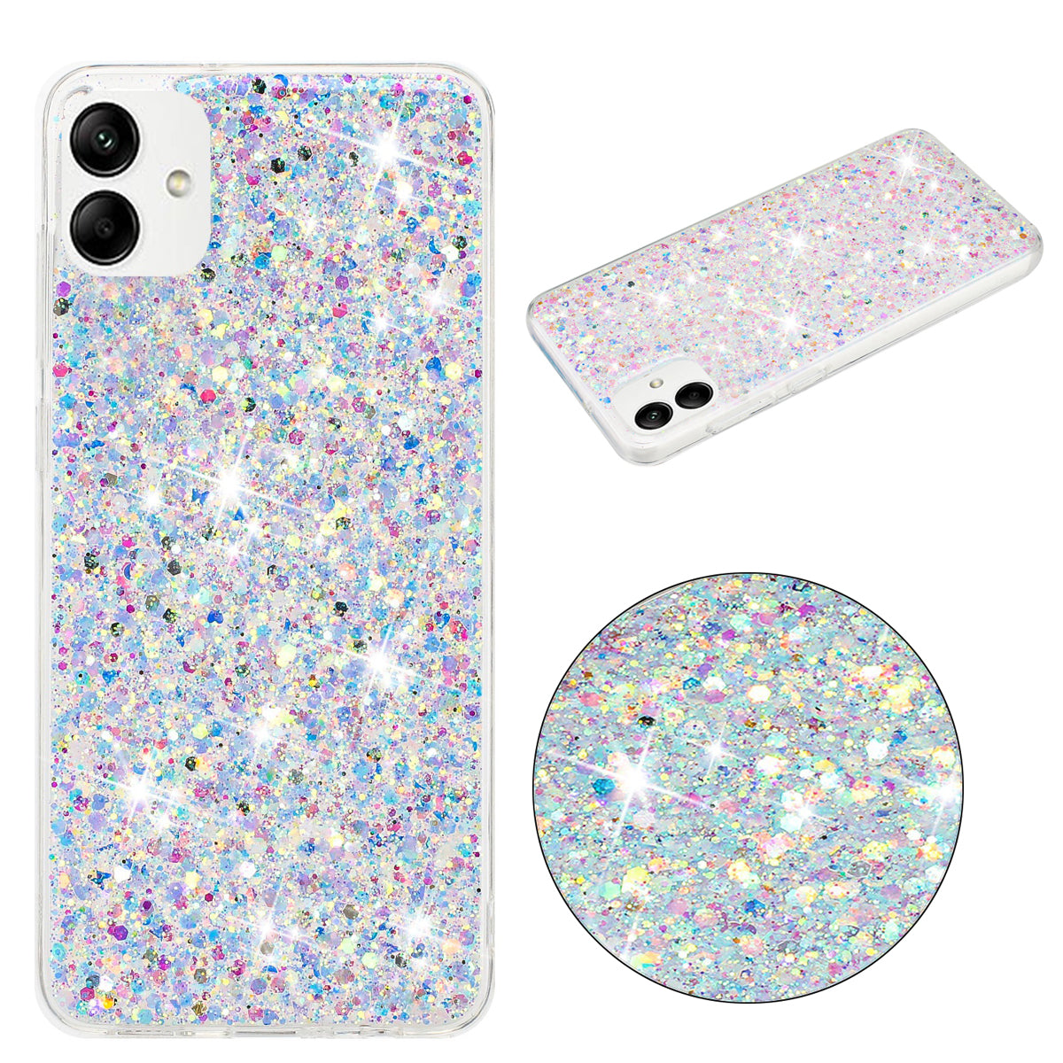 Phone Protector for Samsung Galaxy A05 4G Case Epoxy Glittery Powder TPU Phone Cover - White