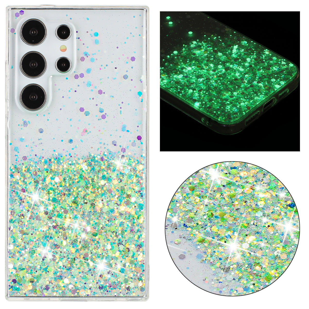 For Samsung Galaxy S23 Ultra Case Epoxy Glitter Sparkle Luminous TPU Phone Cover - Green