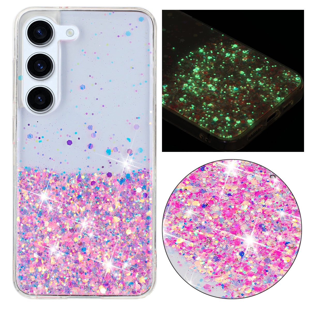 For Samsung Galaxy S23 Luminous Case Epoxy Glitter Sparkle TPU Phone Cover - Pink