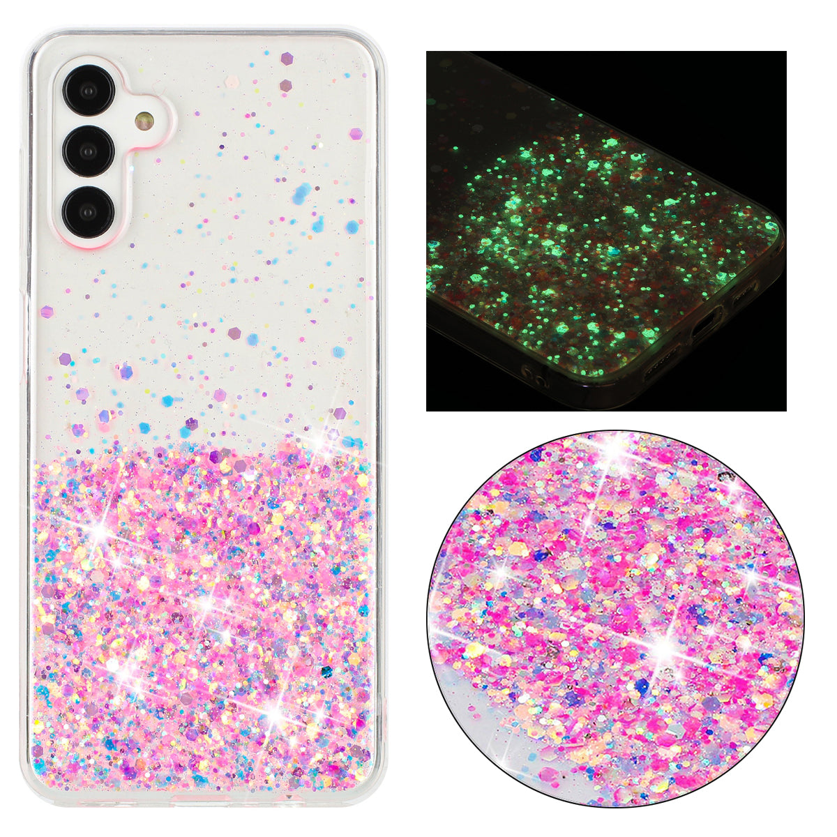 For Samsung Galaxy A34 5G Cell Phone Case Sparkle Sequins Luminous Epoxy TPU Cover - Pink