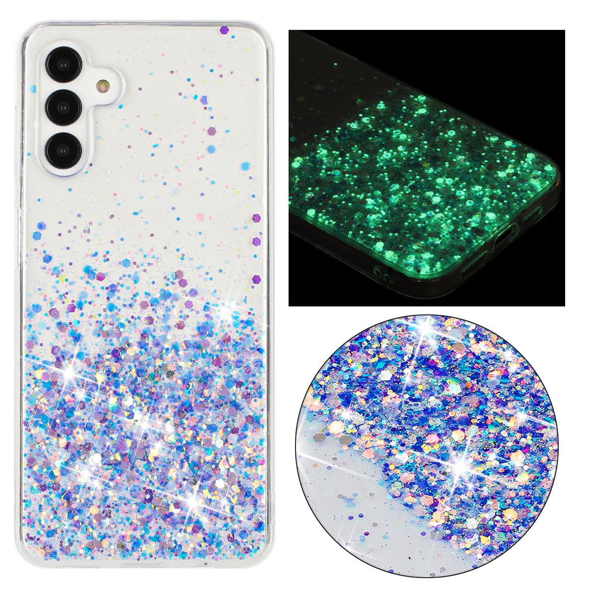 For Samsung Galaxy A04s 4G (164.7 x 76.7 x 9.1 mm) / A13 5G Case Glitter Sparkle Epoxy TPU Glow In The Dark Phone Cover - Purple
