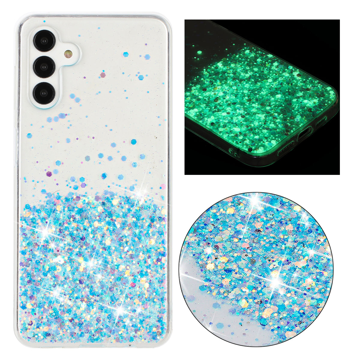 For Samsung Galaxy A04s 4G (164.7 x 76.7 x 9.1 mm) / A13 5G Case Glitter Sparkle Epoxy TPU Glow In The Dark Phone Cover - Blue