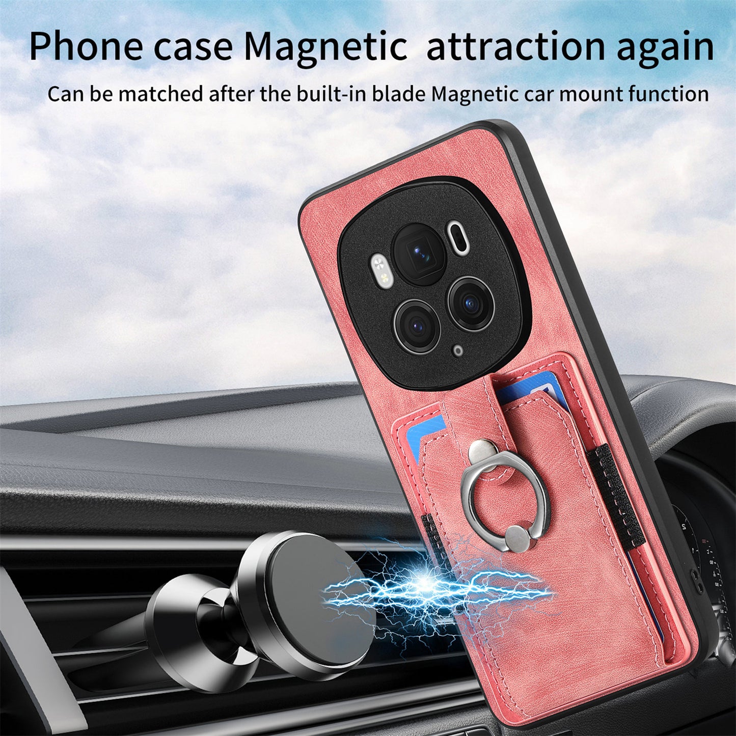 D2 for Honor Magic6 Pro 5G Case Card Slots Retro Leather Coated TPU Kickstand Cover - Pink