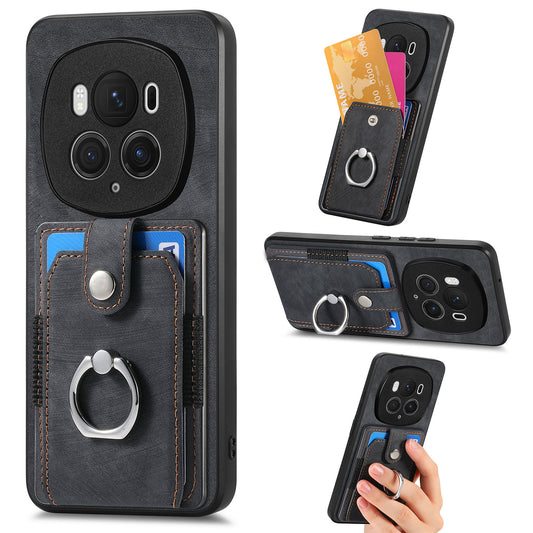 D2 for Honor Magic6 Pro 5G Case Card Slots Retro Leather Coated TPU Kickstand Cover - Black