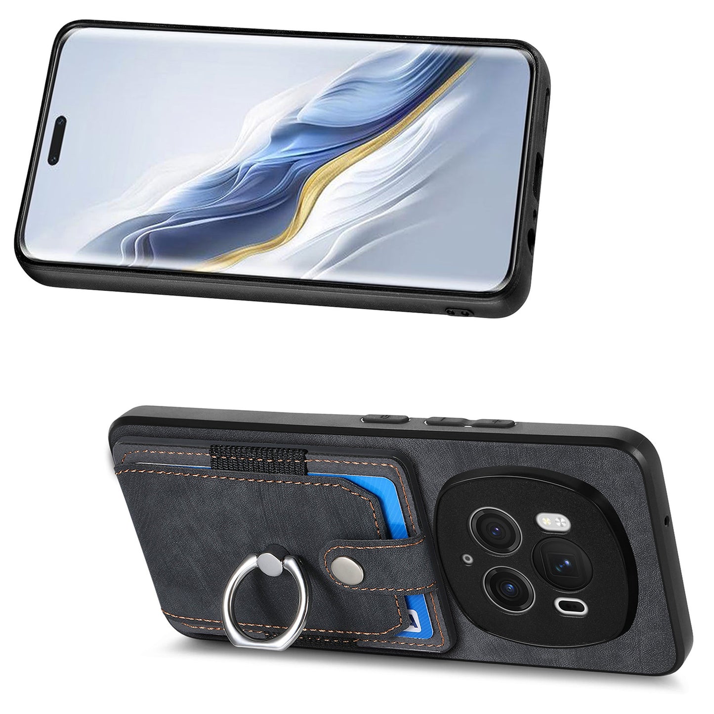 D2 for Honor Magic6 Pro 5G Case Card Slots Retro Leather Coated TPU Kickstand Cover - Black