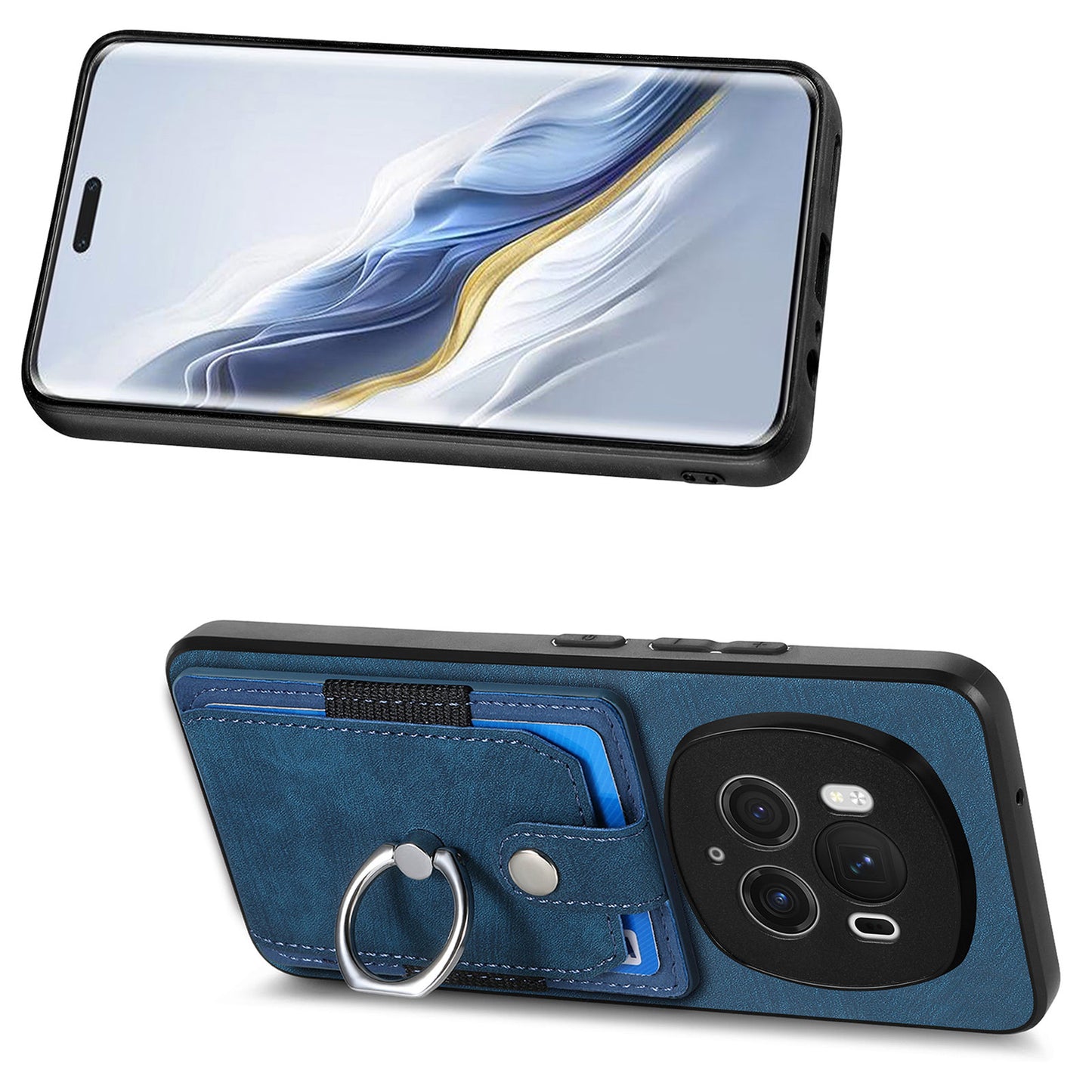 D2 for Honor Magic6 Pro 5G Case Card Slots Retro Leather Coated TPU Kickstand Cover - Blue