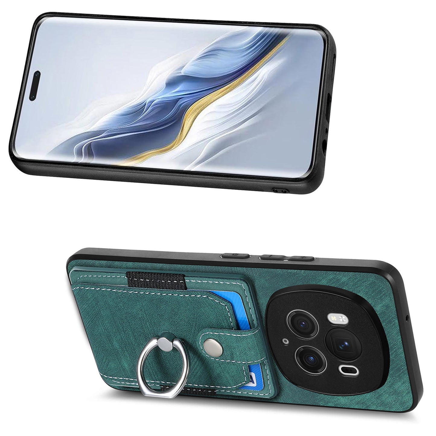 D2 for Honor Magic6 Pro 5G Case Card Slots Retro Leather Coated TPU Kickstand Cover - Green