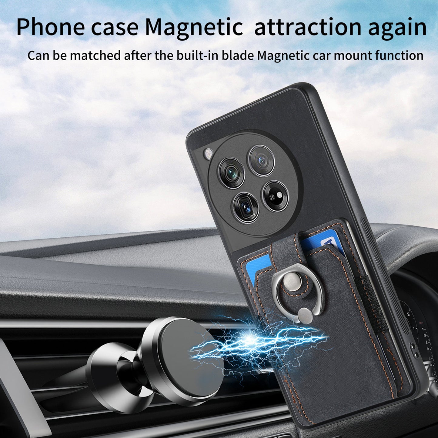 D2 Phone Cover for OnePlus 12 5G Case Retro Drop-resistant Leather+TPU Kickstand Shell - Black