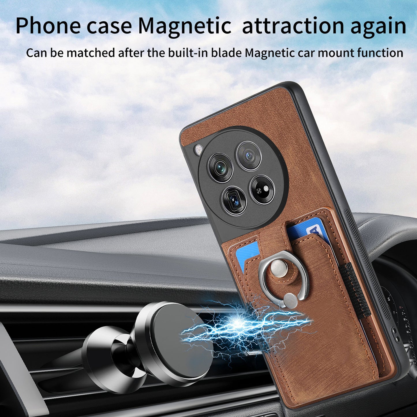 D2 Phone Cover for OnePlus 12 5G Case Retro Drop-resistant Leather+TPU Kickstand Shell - Brown