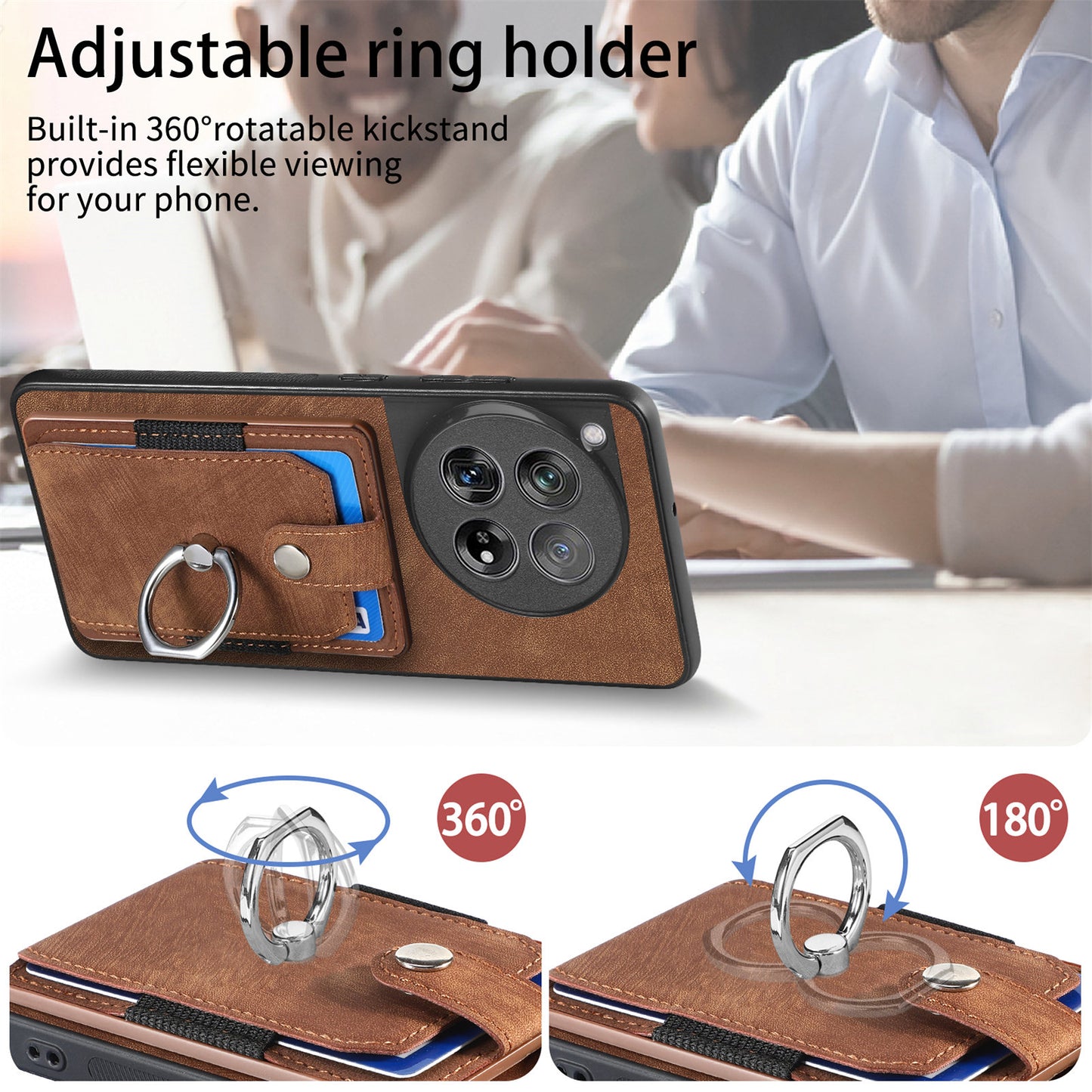 D2 Phone Cover for OnePlus 12 5G Case Retro Drop-resistant Leather+TPU Kickstand Shell - Brown