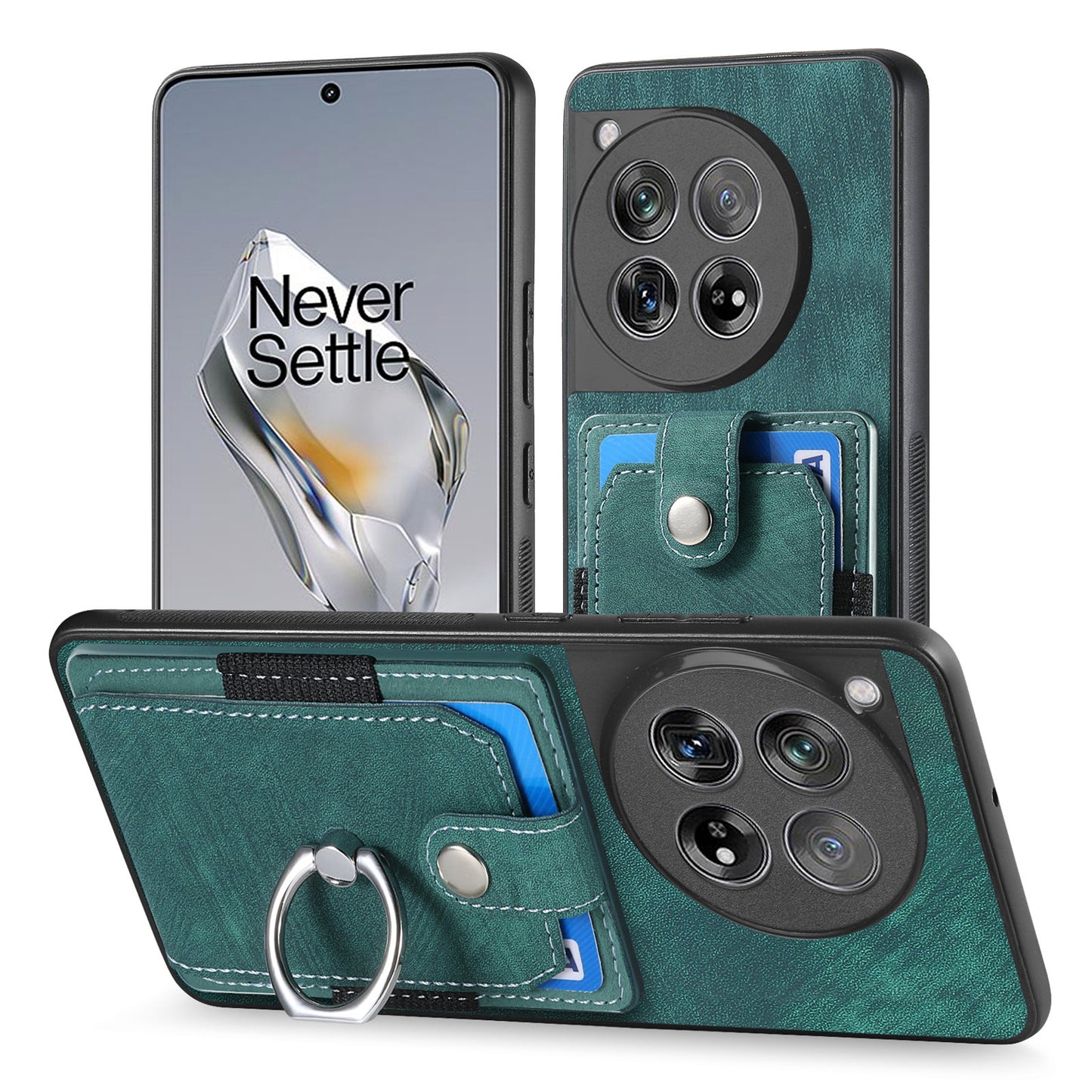 D2 Phone Cover for OnePlus 12 5G Case Retro Drop-resistant Leather+TPU Kickstand Shell - Green