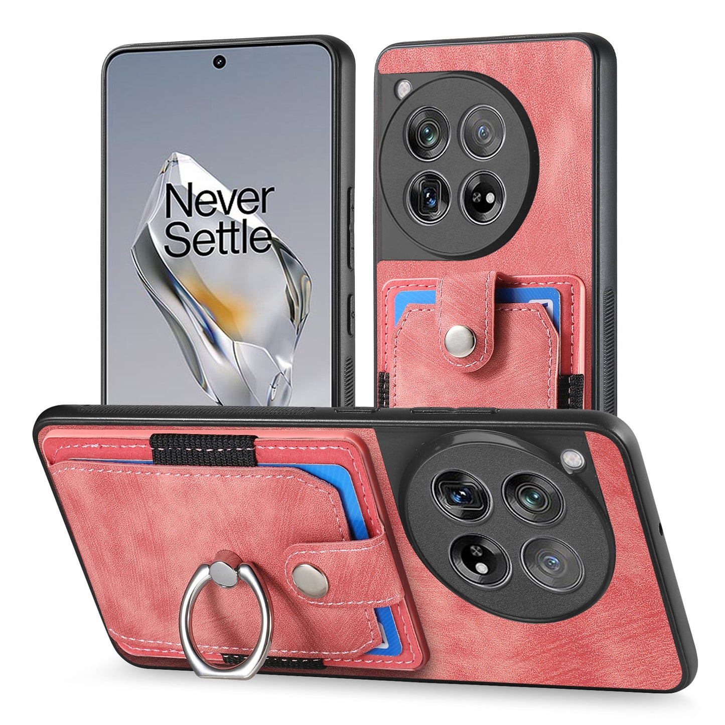 D2 Phone Cover for OnePlus 12 5G Case Retro Drop-resistant Leather+TPU Kickstand Shell - Pink