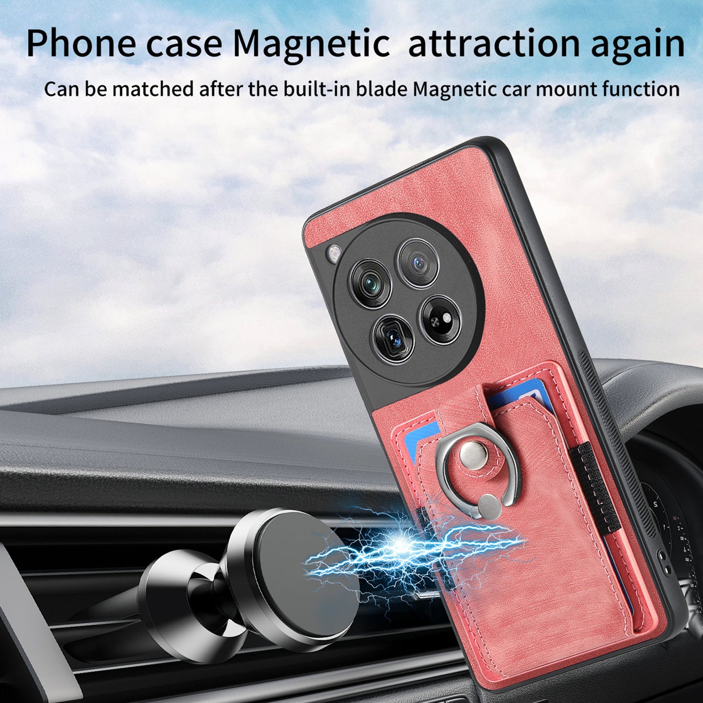 D2 Phone Cover for OnePlus 12 5G Case Retro Drop-resistant Leather+TPU Kickstand Shell - Pink