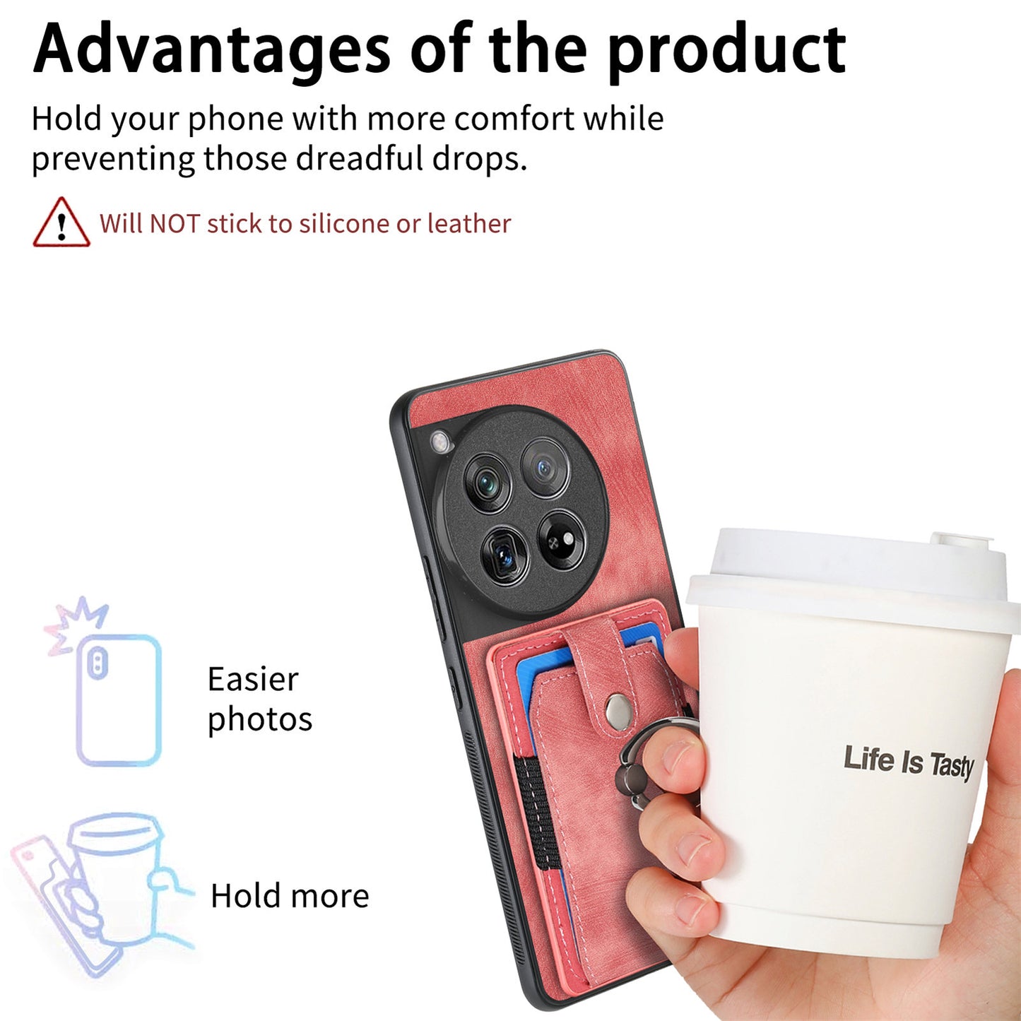D2 Phone Cover for OnePlus 12 5G Case Retro Drop-resistant Leather+TPU Kickstand Shell - Pink