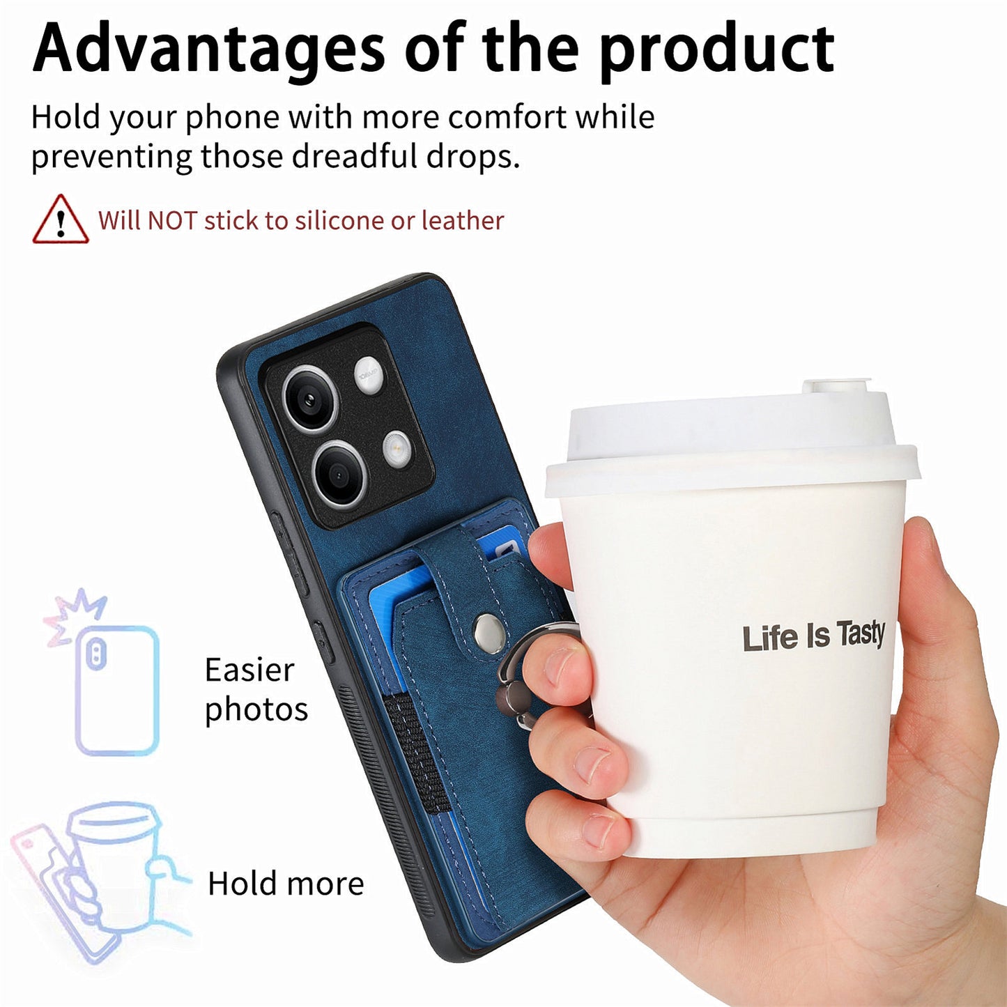 D2 for Xiaomi Redmi Note 13 4G Case Card Slots Retro Leather Coated TPU Kickstand Cover - Blue