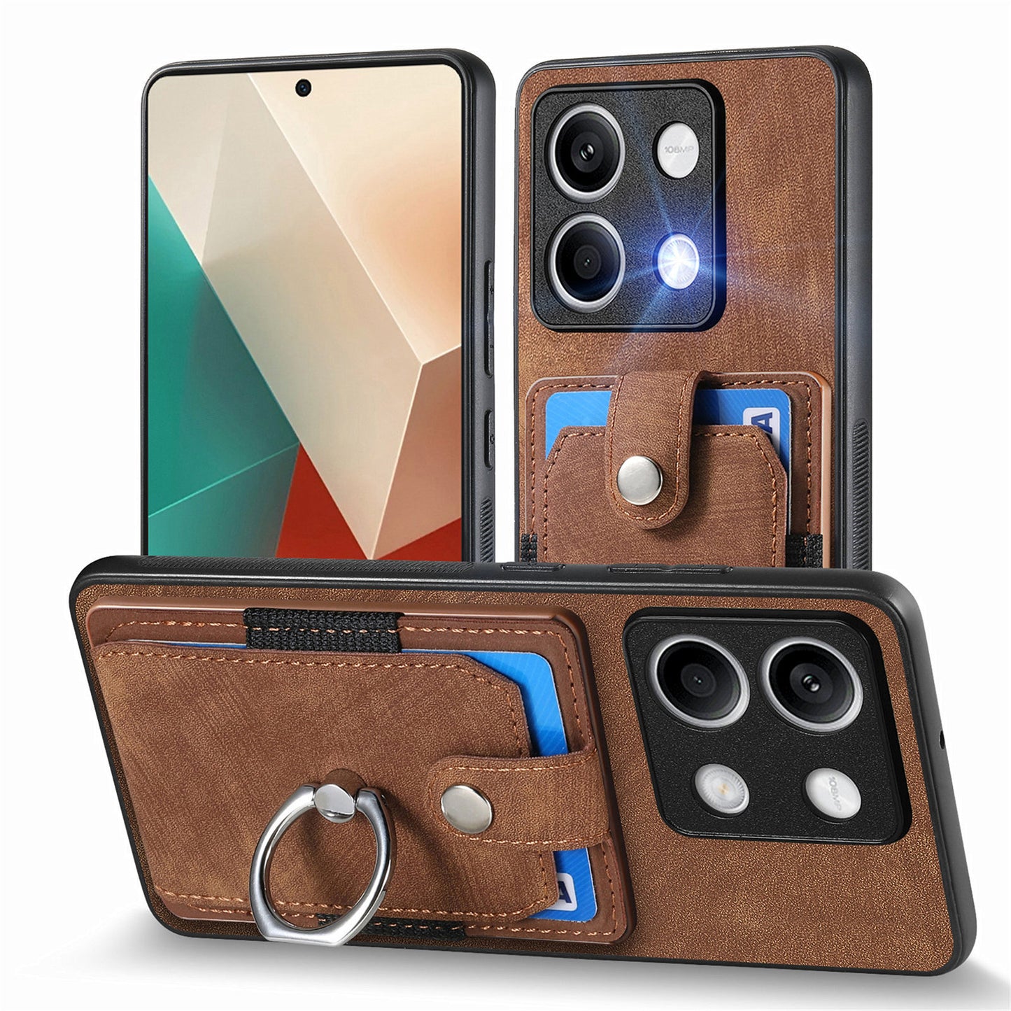 D2 for Xiaomi Redmi Note 13 4G Case Card Slots Retro Leather Coated TPU Kickstand Cover - Brown
