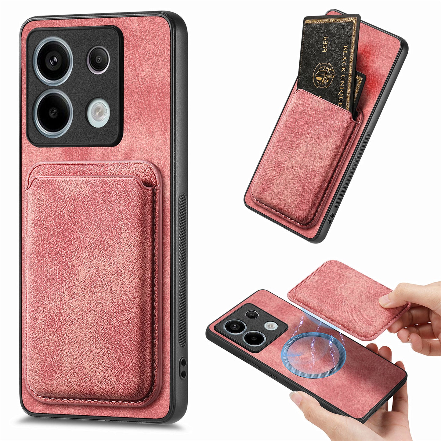 D12 For Xiaomi Redmi Note 13 Pro 5G / Poco X6 5G Magnetic Card Holder Case Vintage Phone Leather Cover - Pink