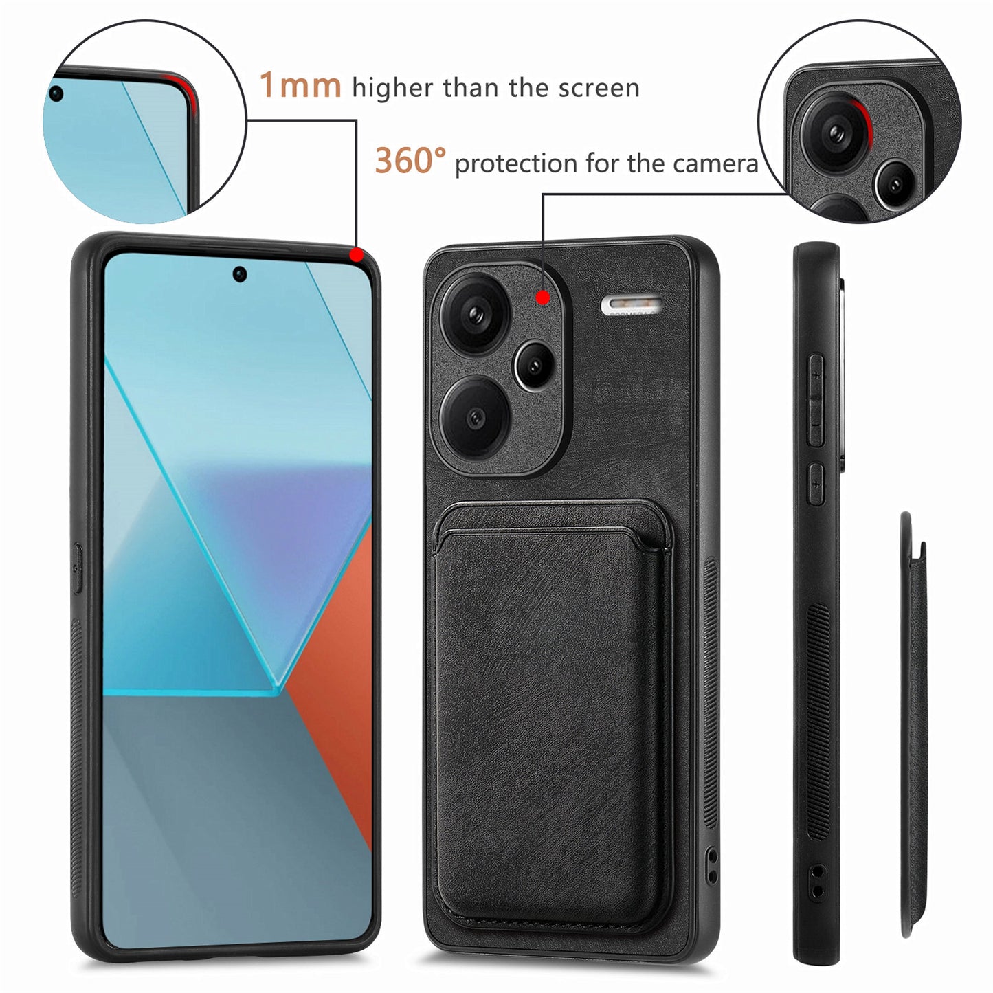 D12 For Xiaomi Redmi Note 13 Pro+ 5G Case Leather Vintage Phone Cover with Magnetic Card Holder - Black