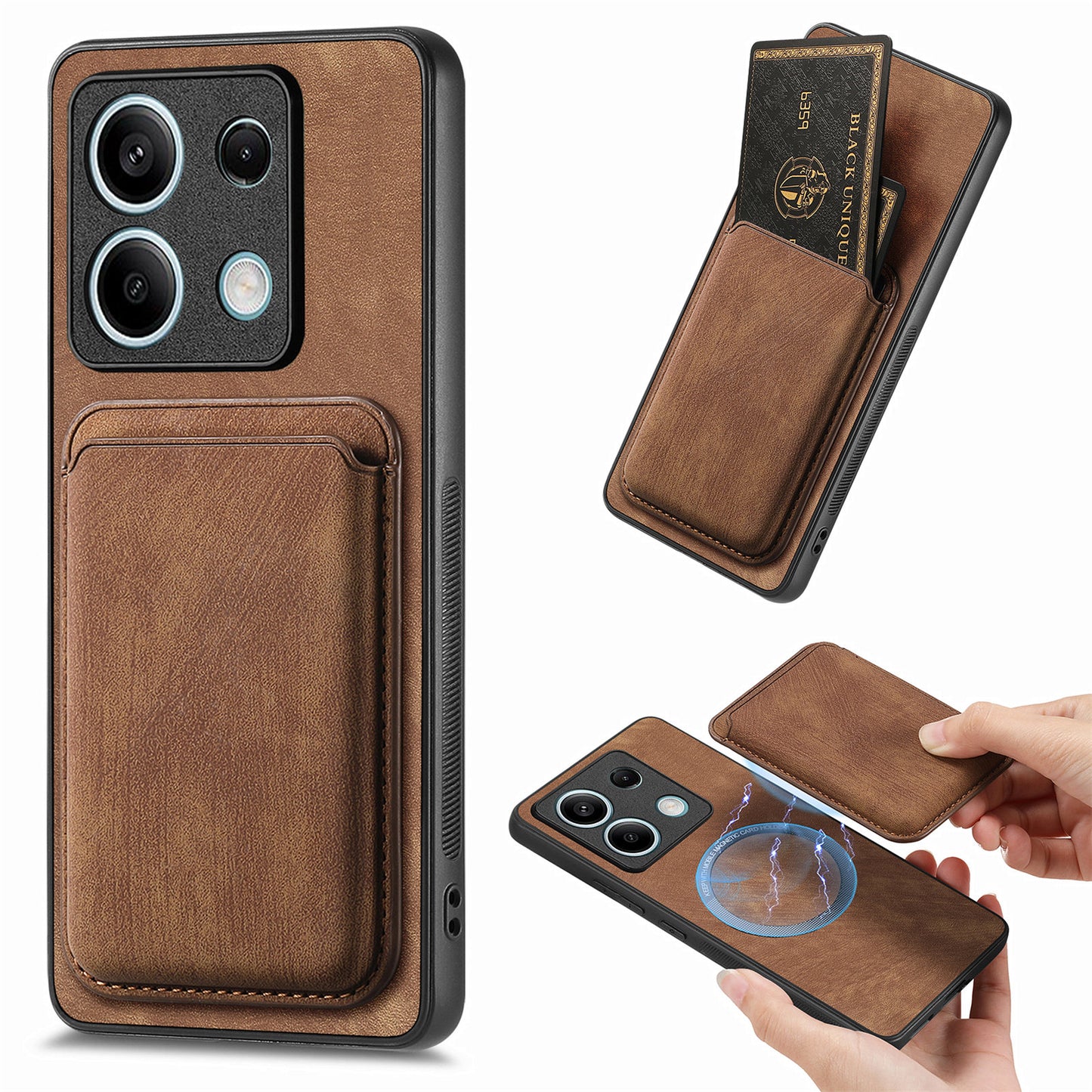 D12 For Xiaomi Redmi Note 13 5G Phone Case Magnetic Card Holder Vintage Leather Cover - Brown