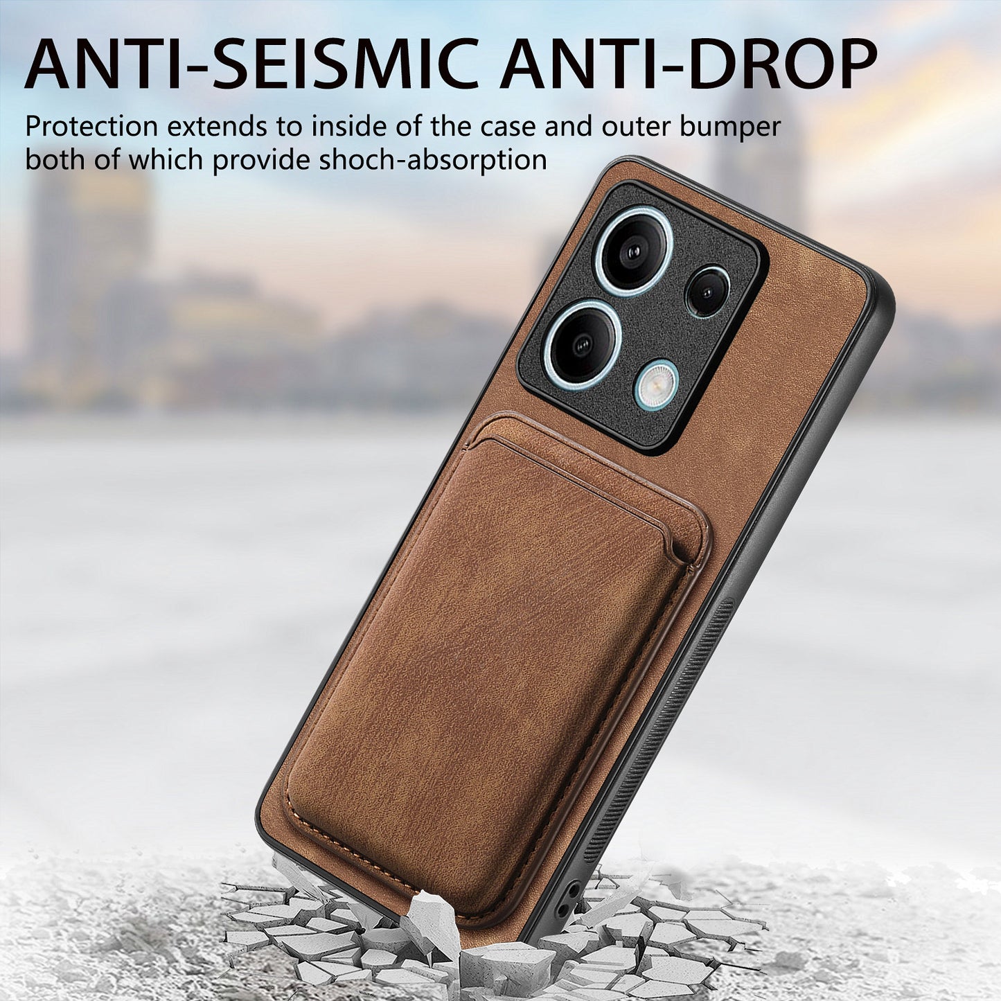 D12 For Xiaomi Redmi Note 13 5G Phone Case Magnetic Card Holder Vintage Leather Cover - Brown