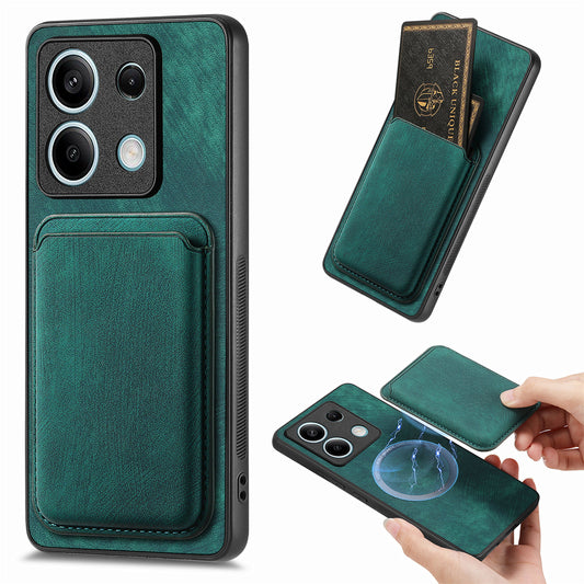 D12 For Xiaomi Redmi Note 13 5G Phone Case Magnetic Card Holder Vintage Leather Cover - Green