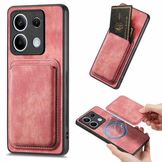 D12 For Xiaomi Redmi Note 13 5G Phone Case Magnetic Card Holder Vintage Leather Cover - Pink