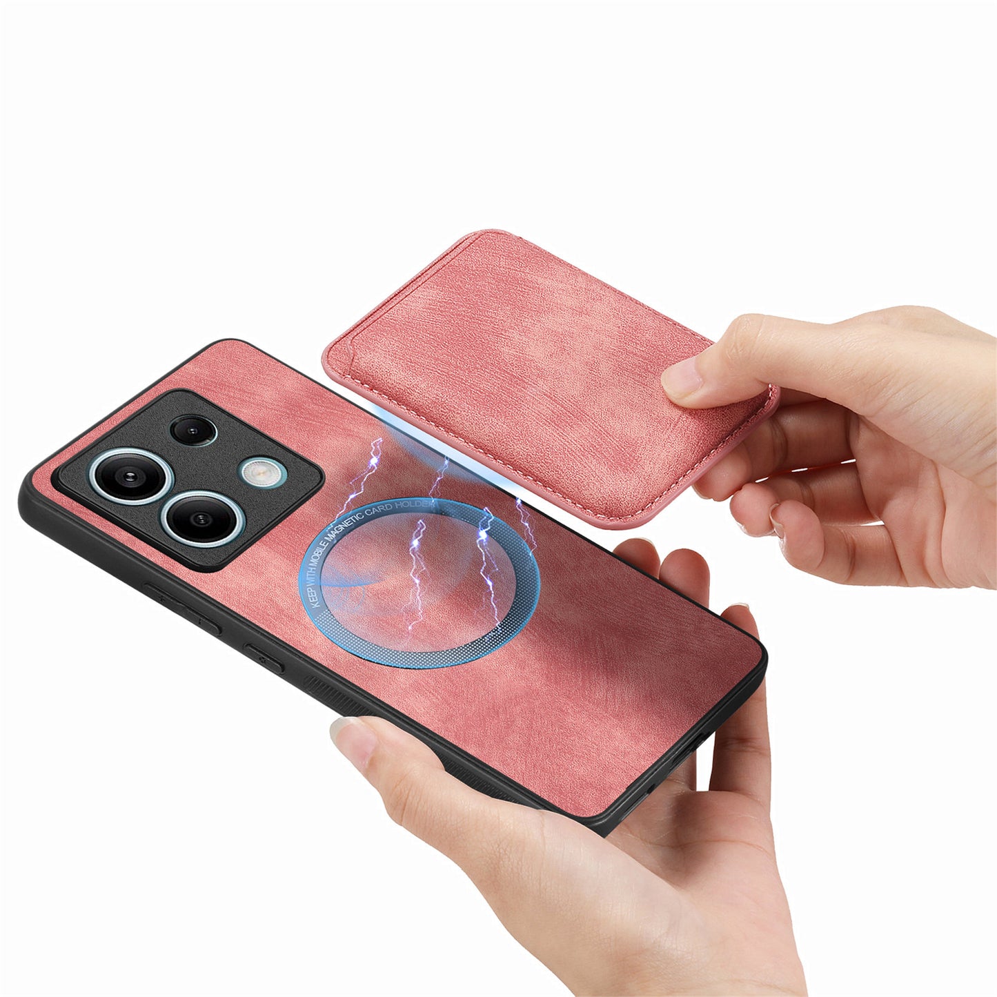 D12 For Xiaomi Redmi Note 13 5G Phone Case Magnetic Card Holder Vintage Leather Cover - Pink