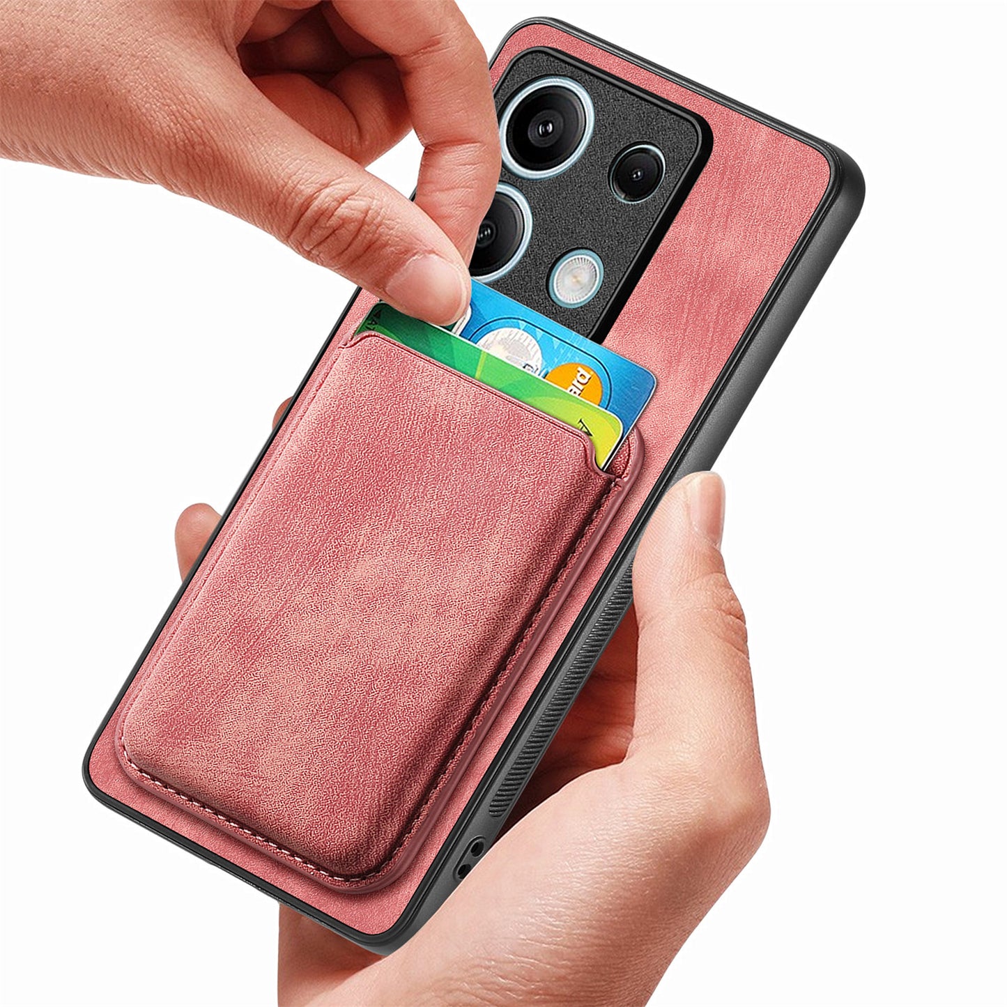 D12 For Xiaomi Redmi Note 13 5G Phone Case Magnetic Card Holder Vintage Leather Cover - Pink