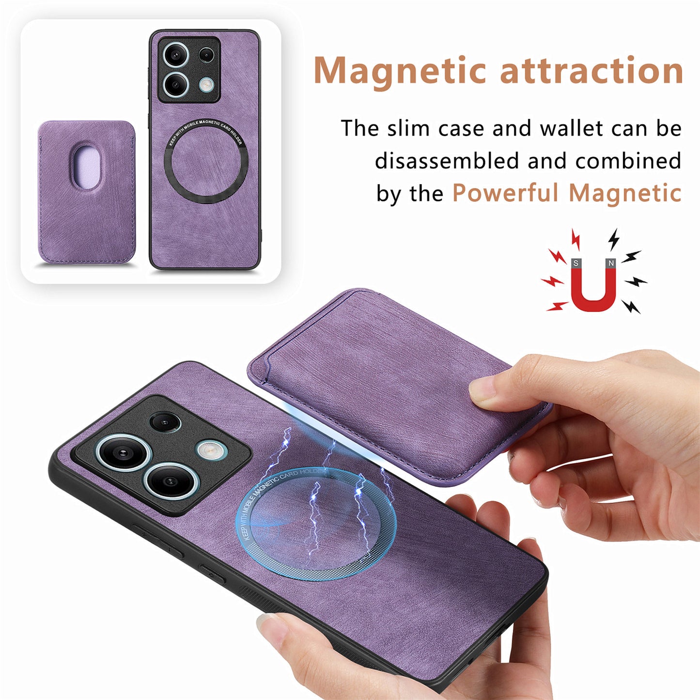 D12 For Xiaomi Redmi Note 13 5G Phone Case Magnetic Card Holder Vintage Leather Cover - Purple