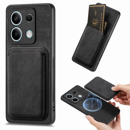D12 For Xiaomi Redmi Note 13 5G Phone Case Magnetic Card Holder Vintage Leather Cover - Black