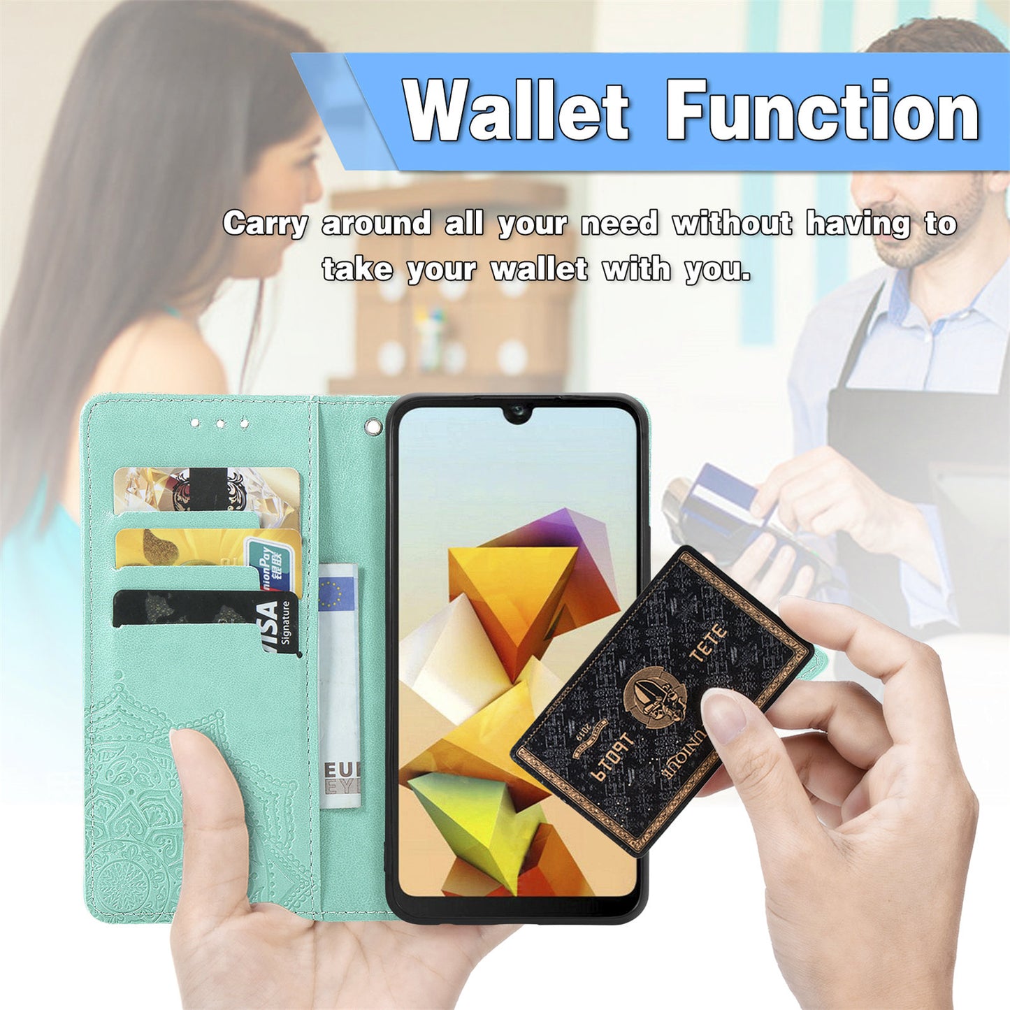For ZTE Blade A33S PU Leather Case Embossed Mandala Stand Wallet Phone Cover - Mint Green