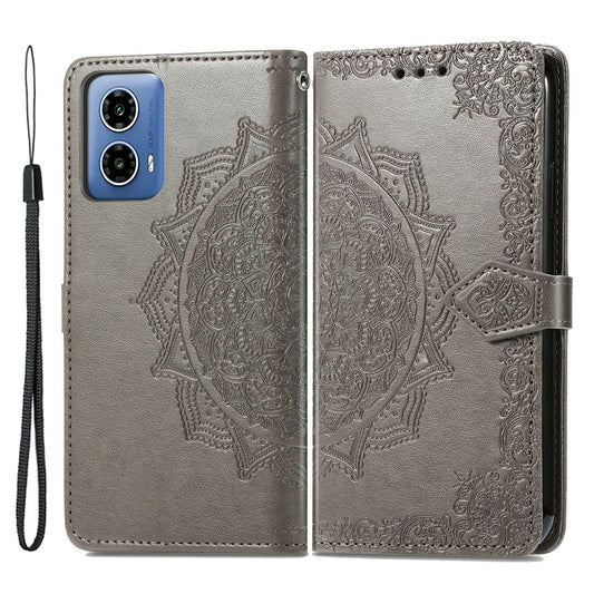 For Motorola Moto G34 5G Cell Phone Cover Emboss Mandala Flower PU Leather Wallet Case - Grey