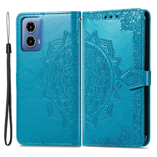 For Motorola Moto G34 5G Cell Phone Cover Emboss Mandala Flower PU Leather Wallet Case - Blue