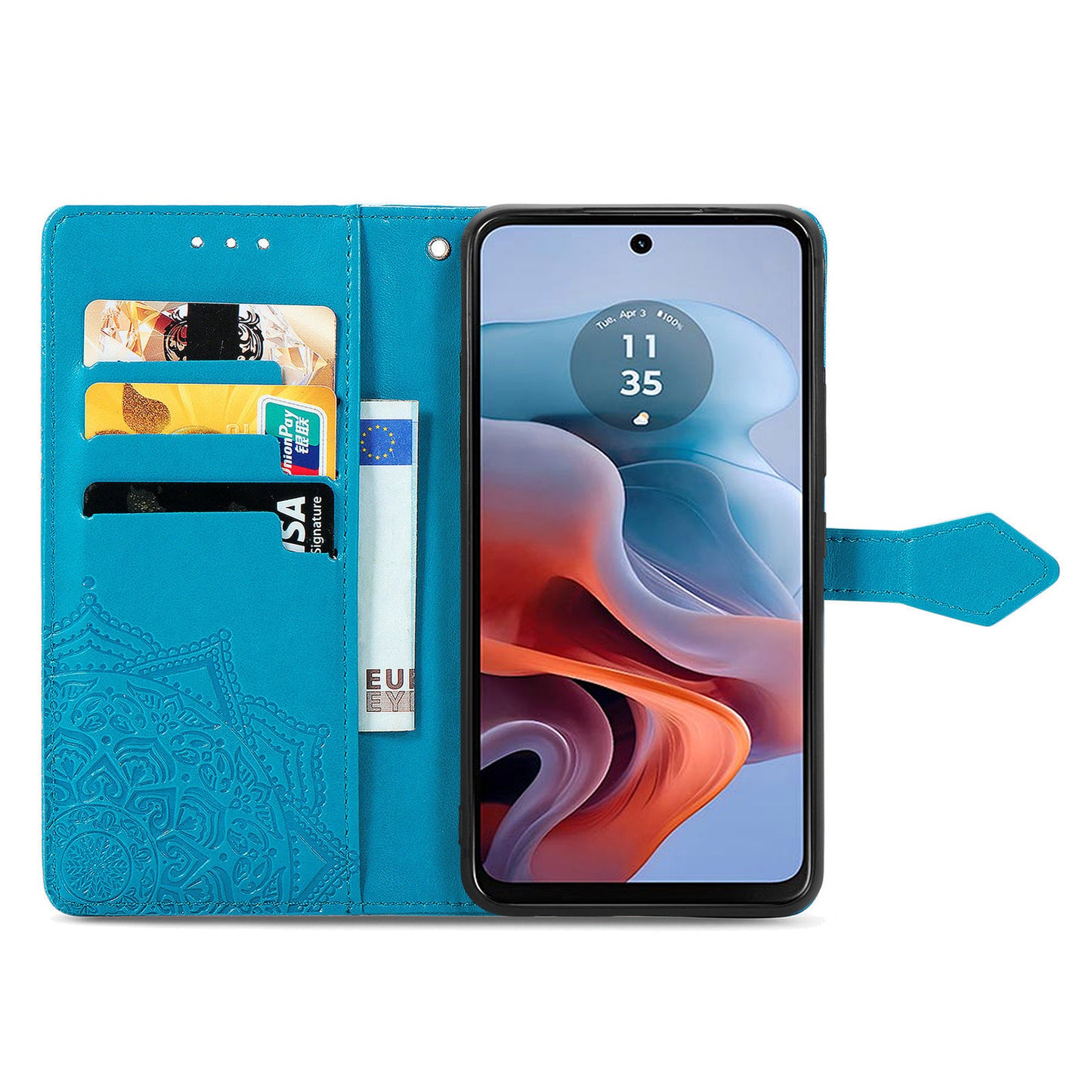 For Motorola Moto G34 5G Cell Phone Cover Emboss Mandala Flower PU Leather Wallet Case - Blue