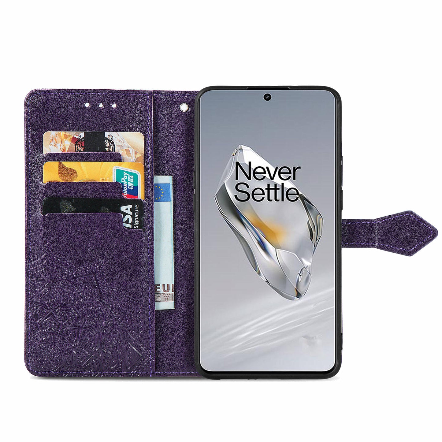 For OnePlus 12 5G Anti-scratch Phone Cover Emboss Mandala Flower Leather Wallet Case - Purple