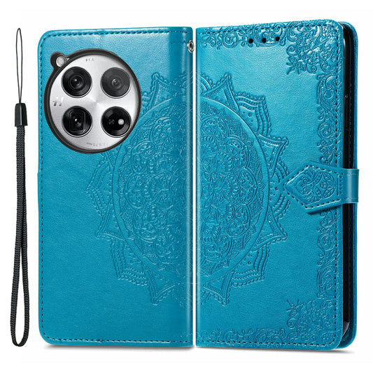 For OnePlus 12 5G Anti-scratch Phone Cover Emboss Mandala Flower Leather Wallet Case - Blue