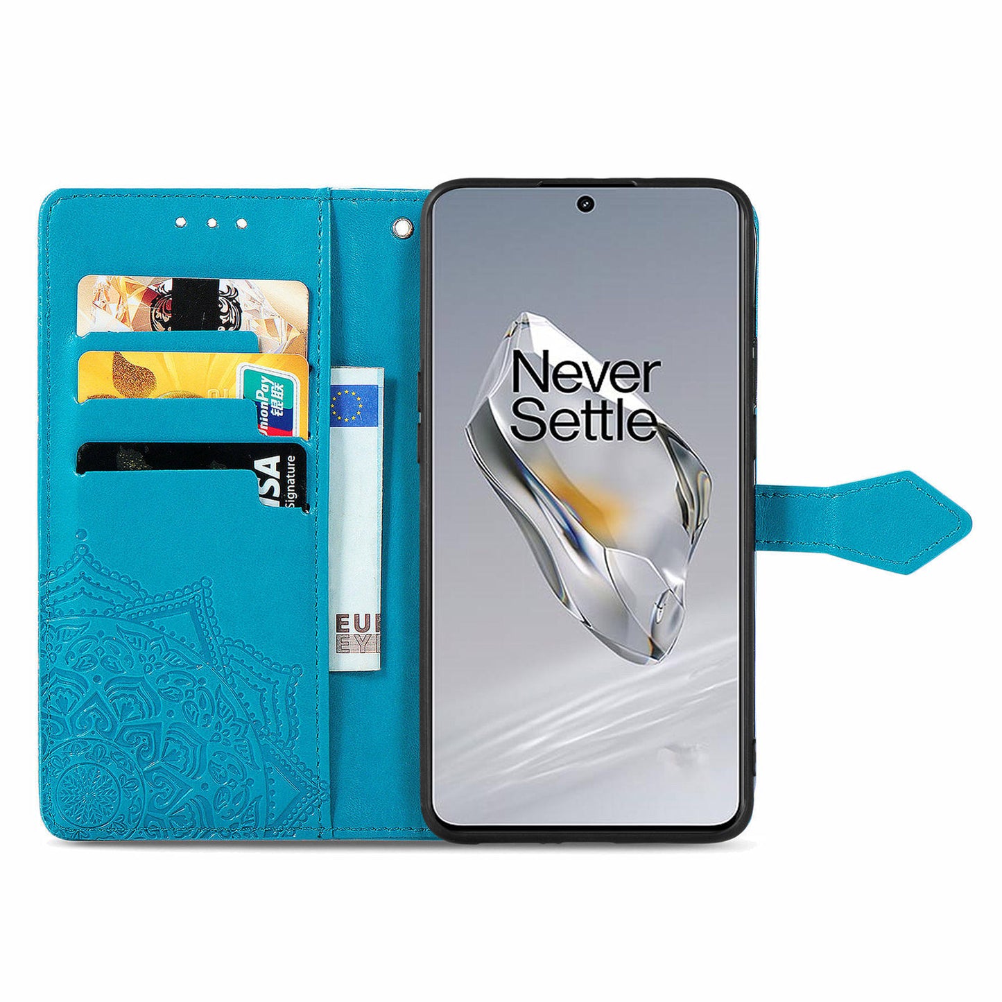 For OnePlus 12 5G Anti-scratch Phone Cover Emboss Mandala Flower Leather Wallet Case - Blue