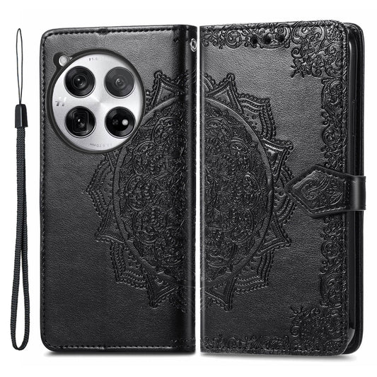 For OnePlus 12 5G Anti-scratch Phone Cover Emboss Mandala Flower Leather Wallet Case - Black