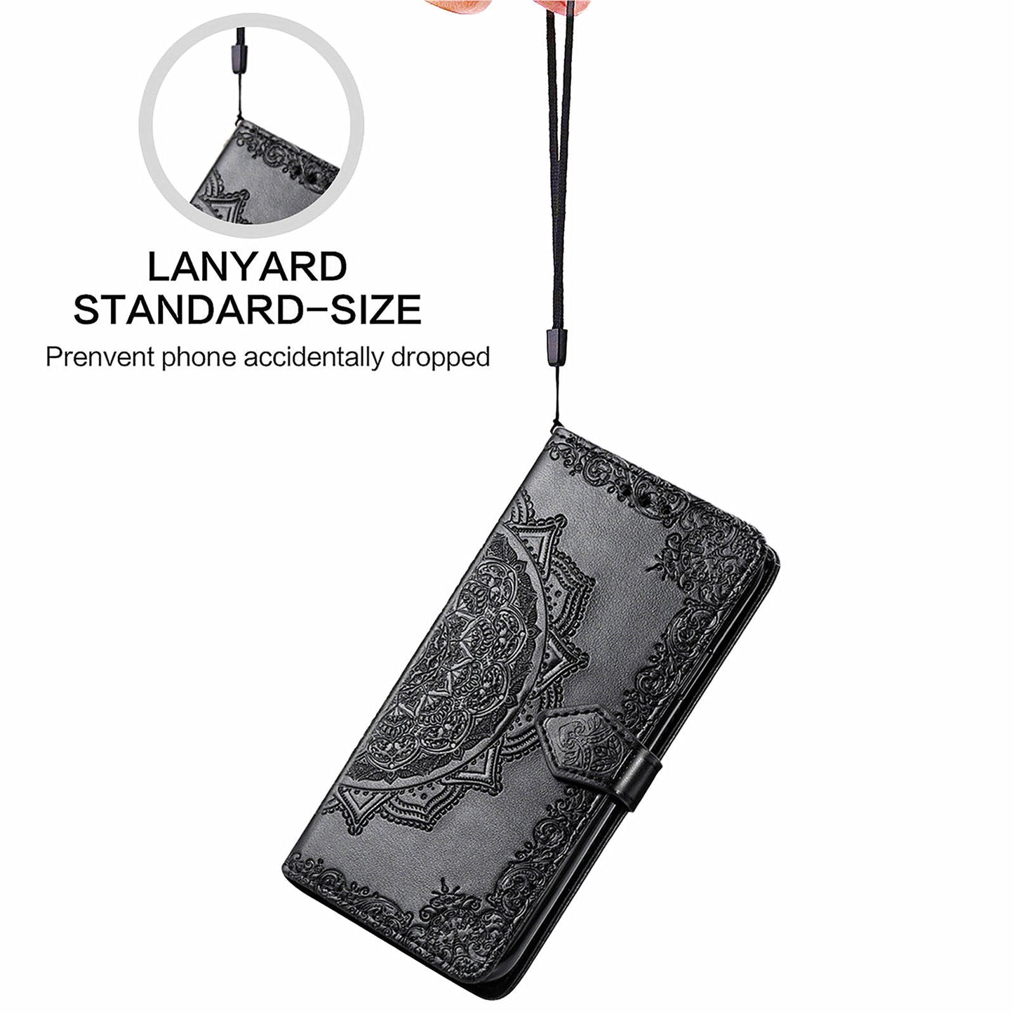 For OnePlus 12 5G Anti-scratch Phone Cover Emboss Mandala Flower Leather Wallet Case - Black