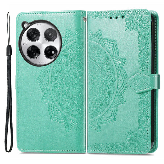 For OnePlus 12 5G Anti-scratch Phone Cover Emboss Mandala Flower Leather Wallet Case - Mint Green